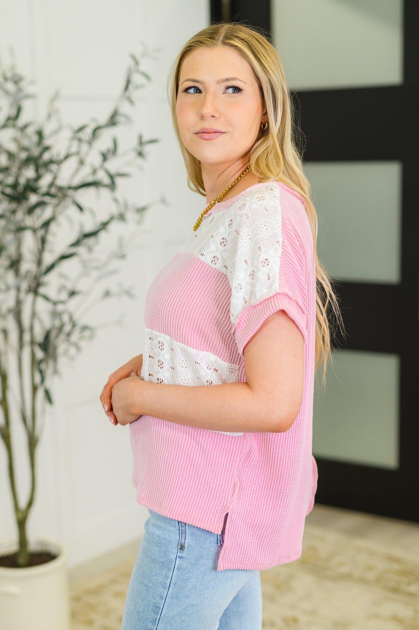 Cory Color Block Knit Top in Pink