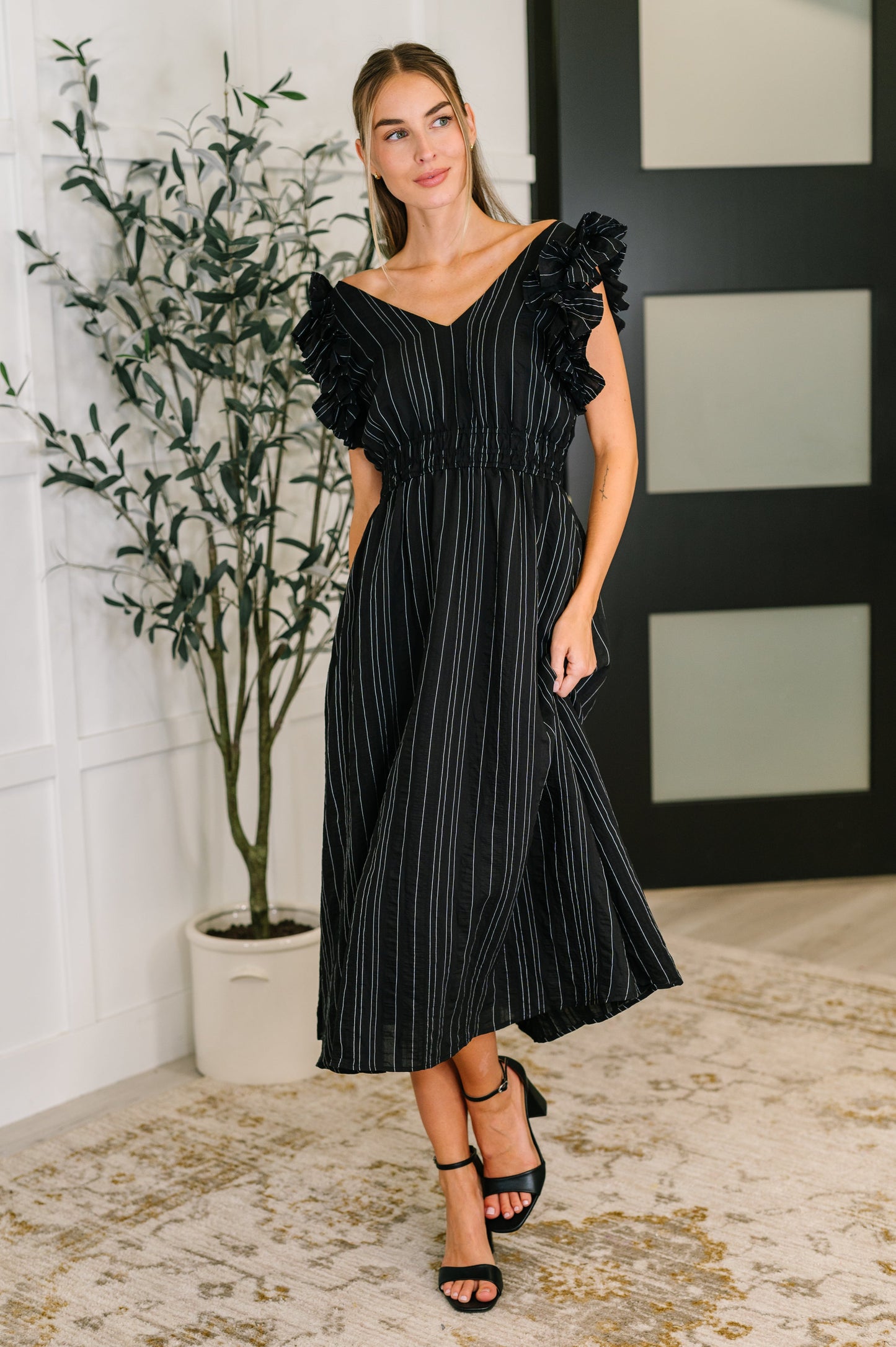 Pinstripe V-Neck Ruffle Sleeve Dress in Black