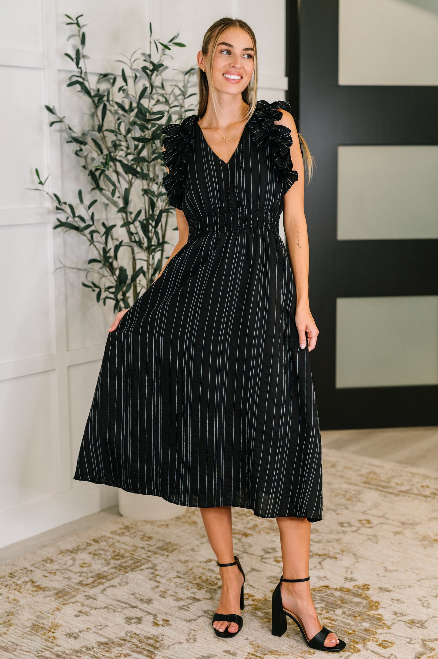 Pinstripe V-Neck Ruffle Sleeve Dress in Black