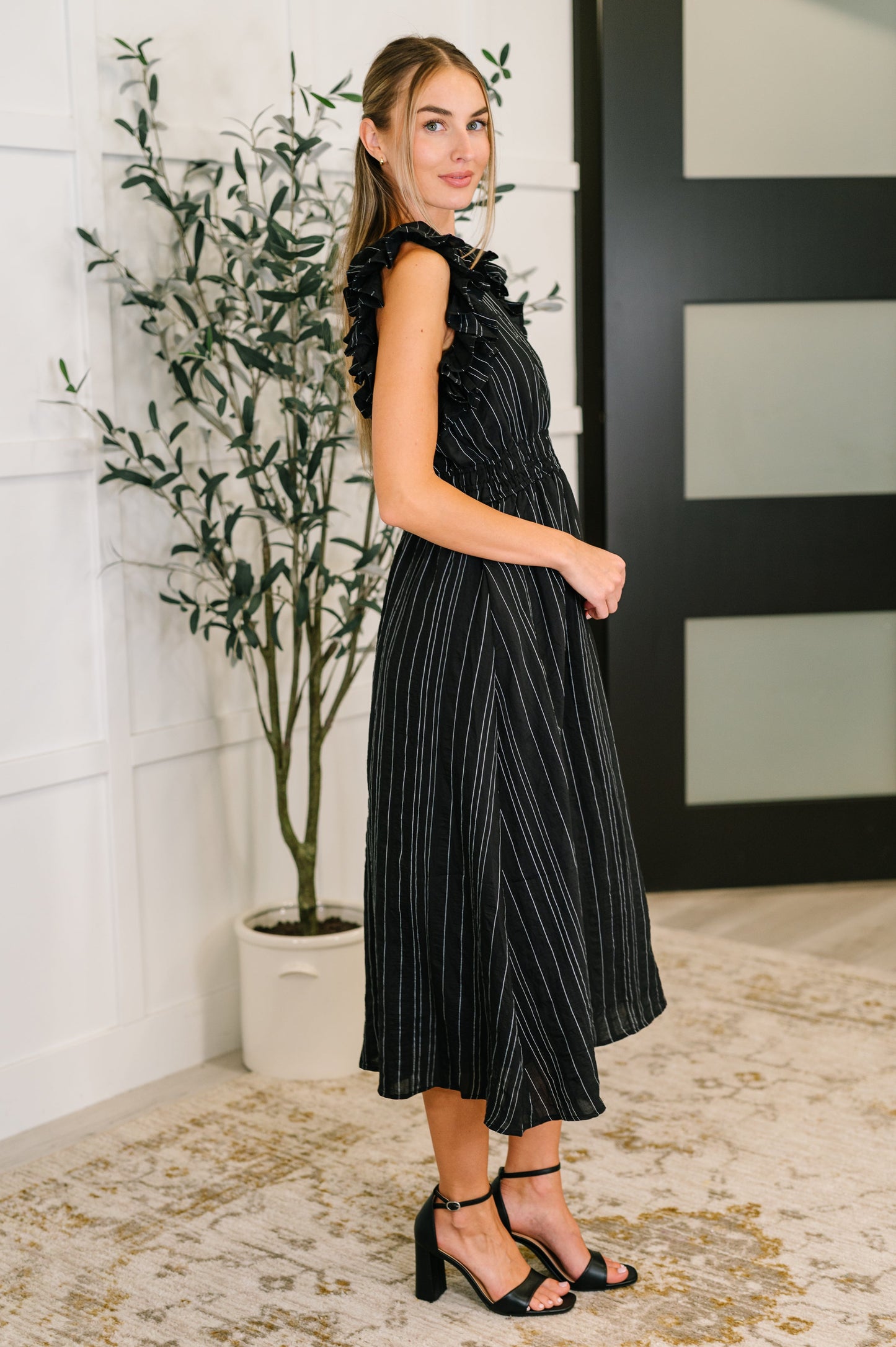 Pinstripe V-Neck Ruffle Sleeve Dress in Black