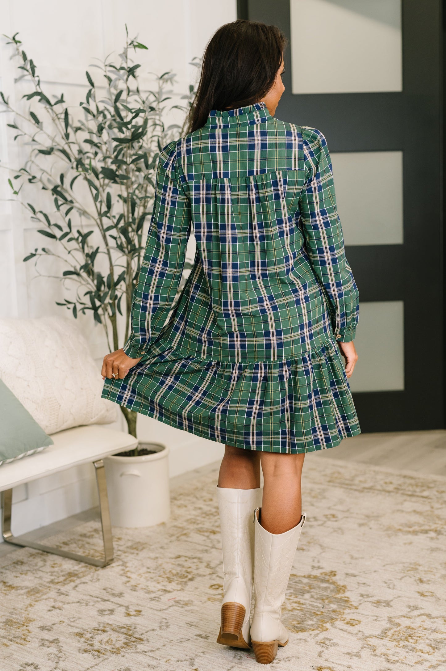 Plaid Parade Split Neck Long Sleeve Dress