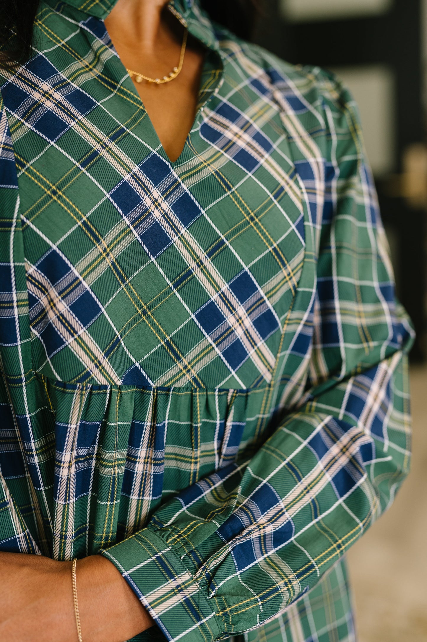 Plaid Parade Split Neck Long Sleeve Dress