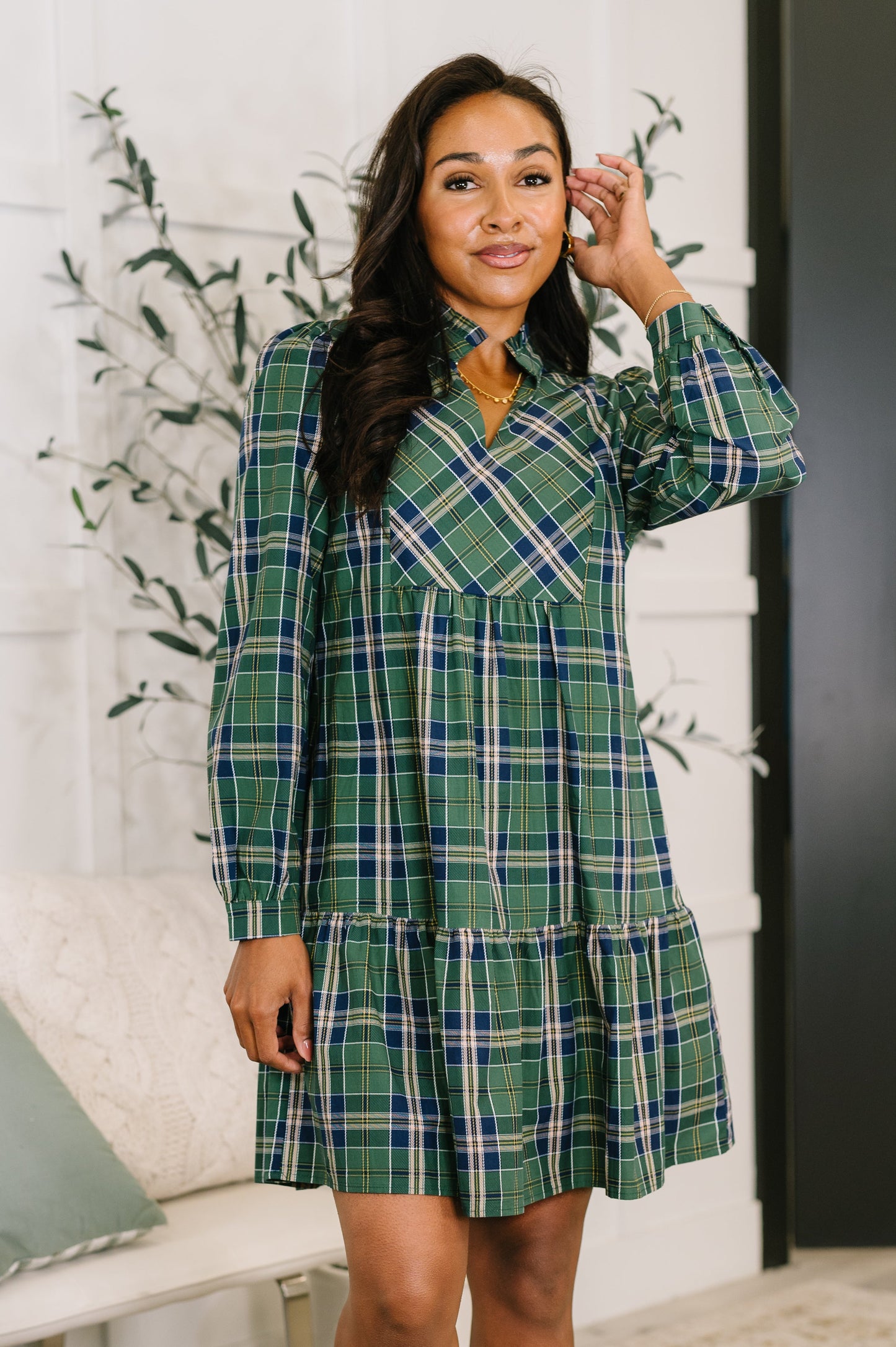 Plaid Parade Split Neck Long Sleeve Dress