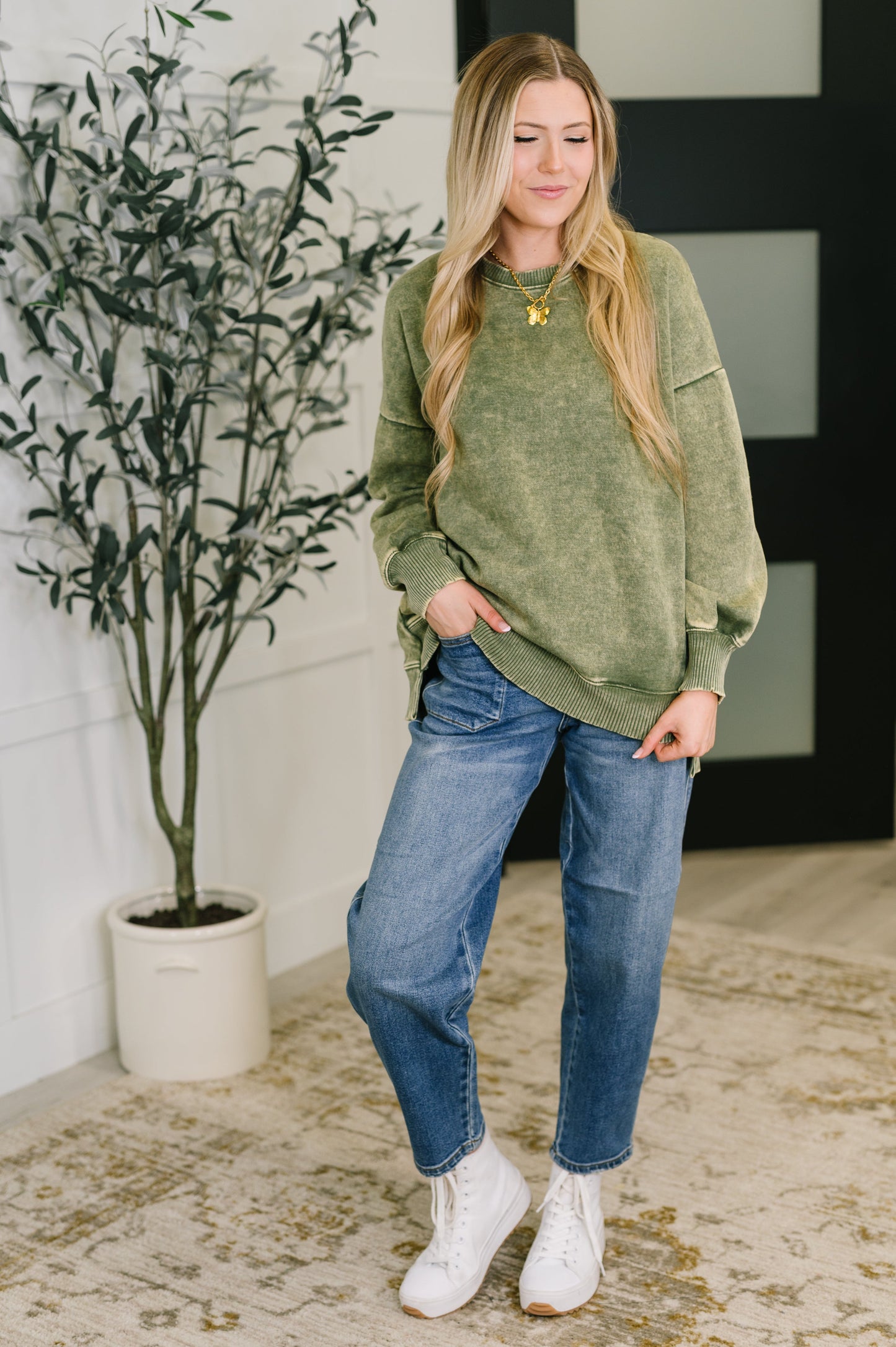 Katya Mineral Wash Pullover in Light Olive