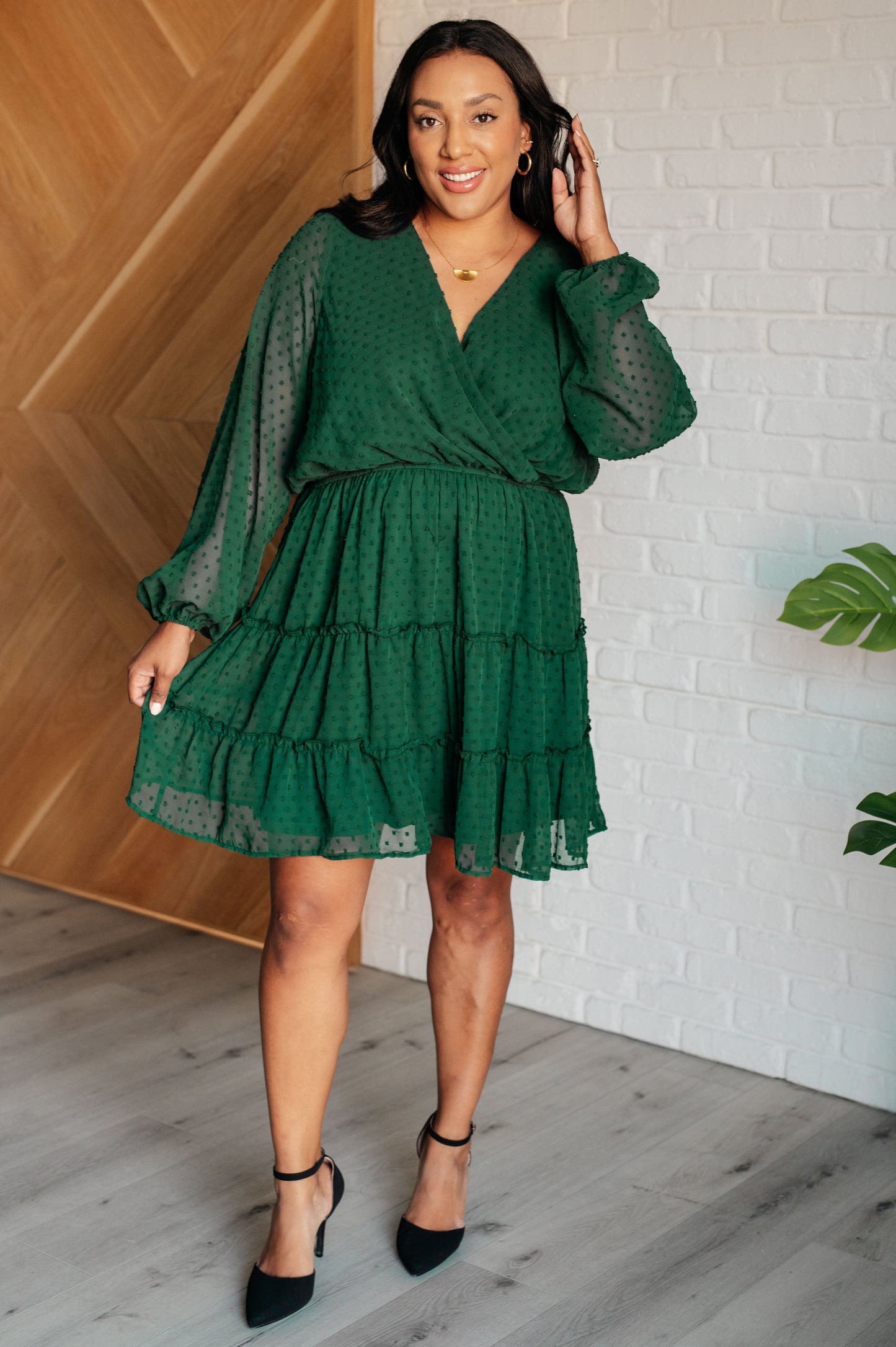 Mariana V-Neck Tiered Dress in Hunter Green