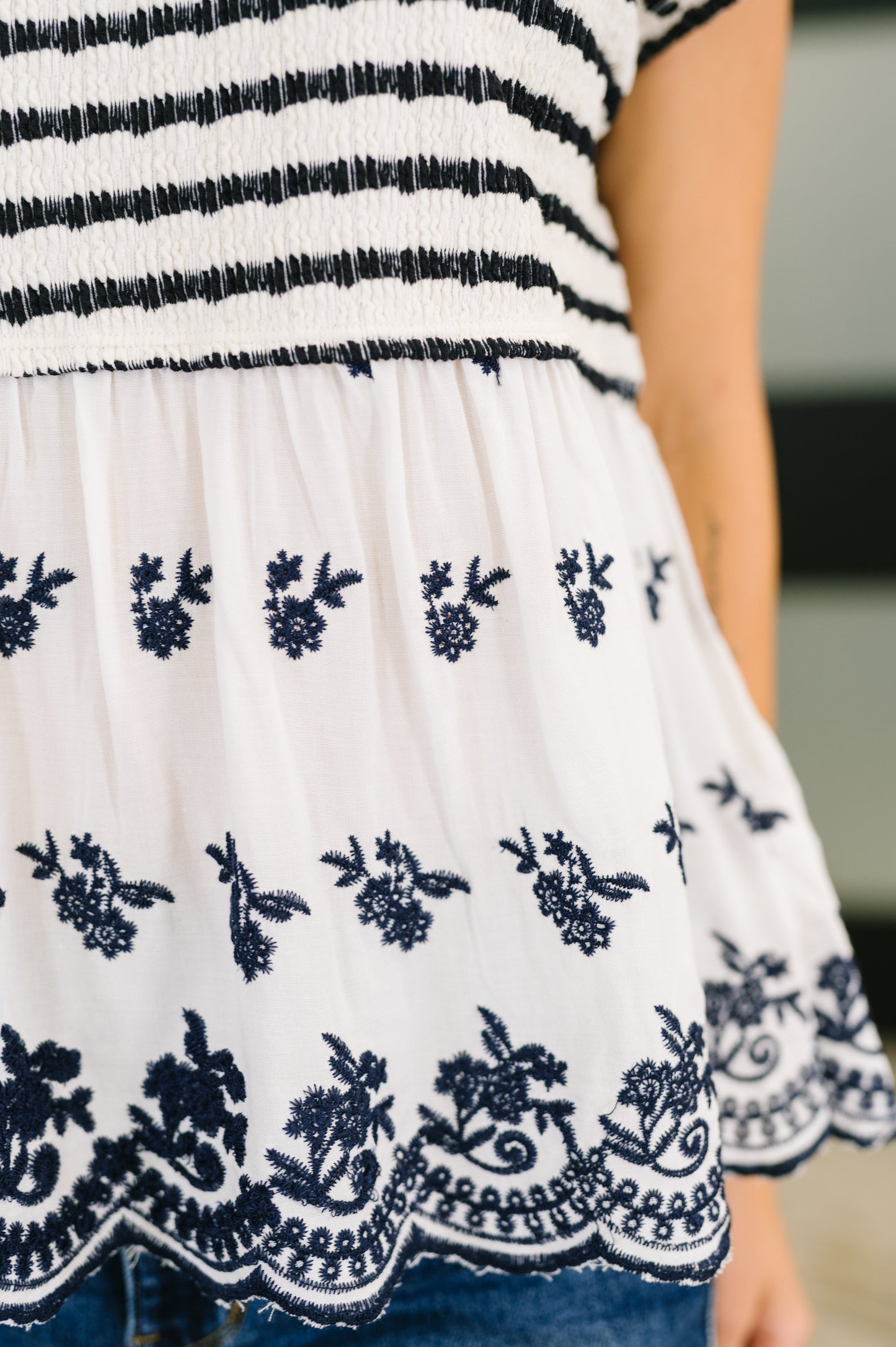 Sonya Scalloped Hem Blouse in Ivory and Navy