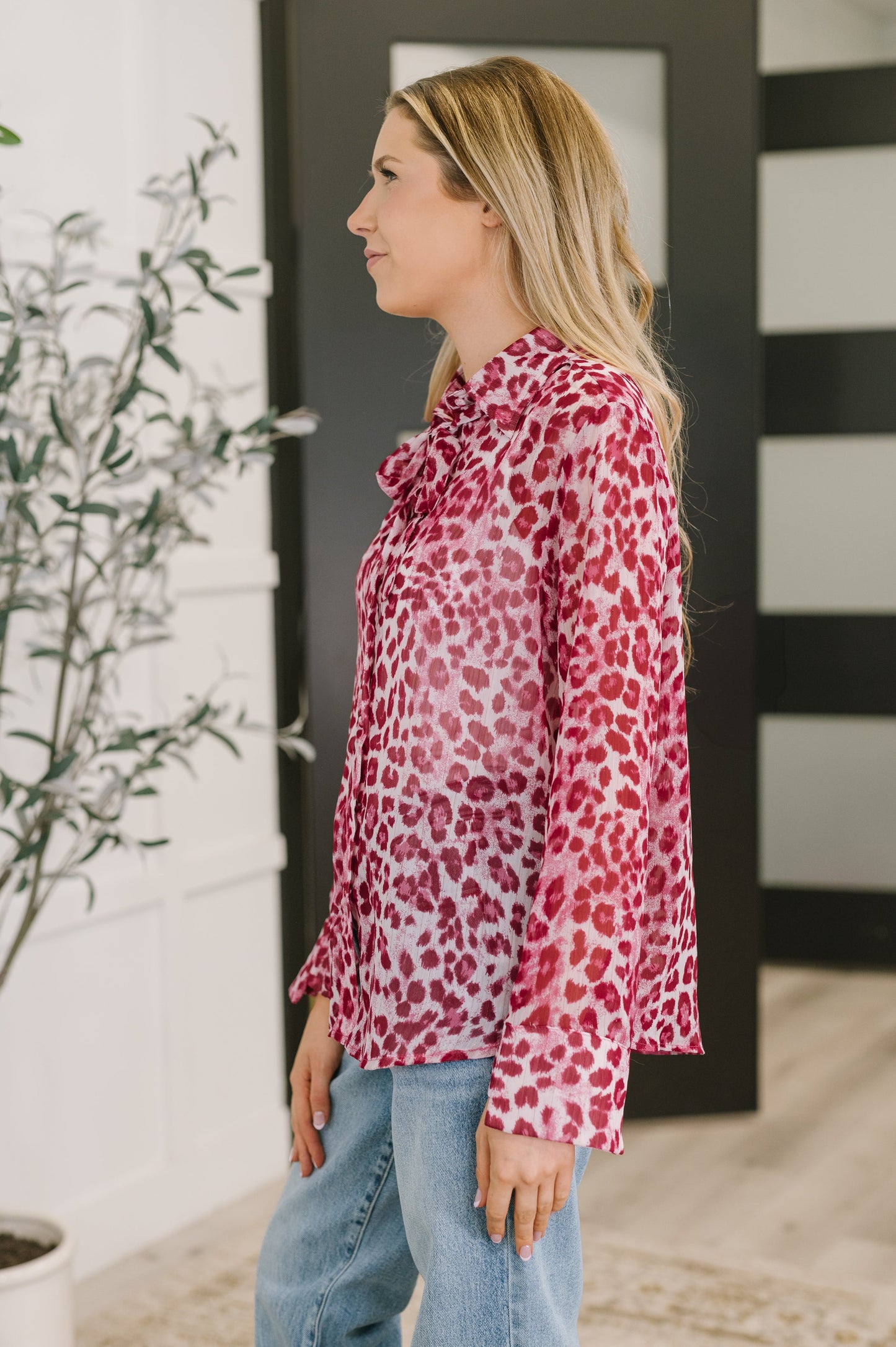Leopard Print Button Down Top in Hot Pink