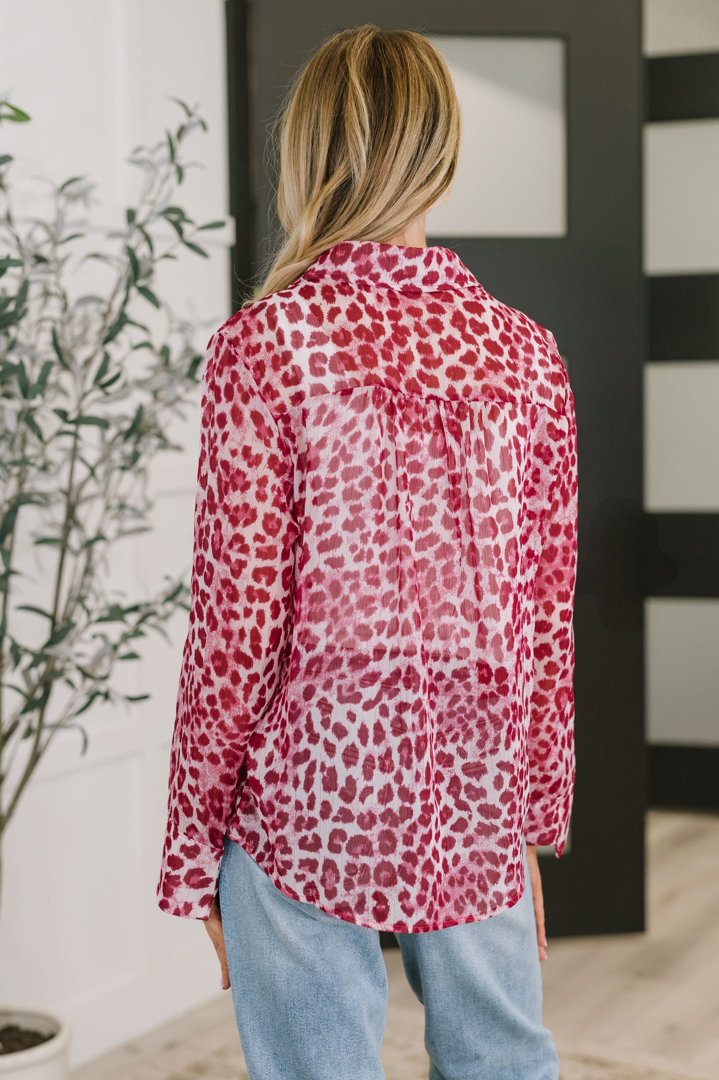 Leopard Print Button Down Top in Hot Pink