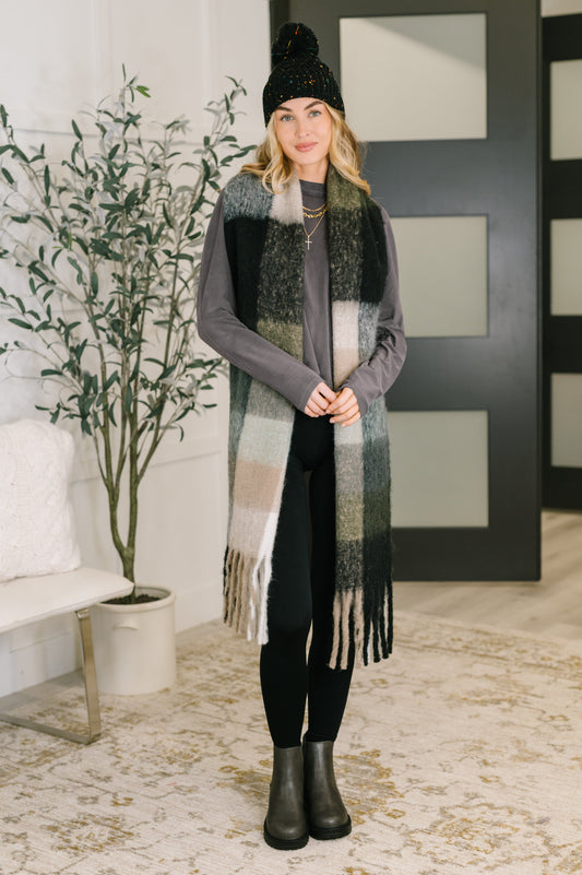 Oversized Plaid Fringe Scarf in Grey and Jade