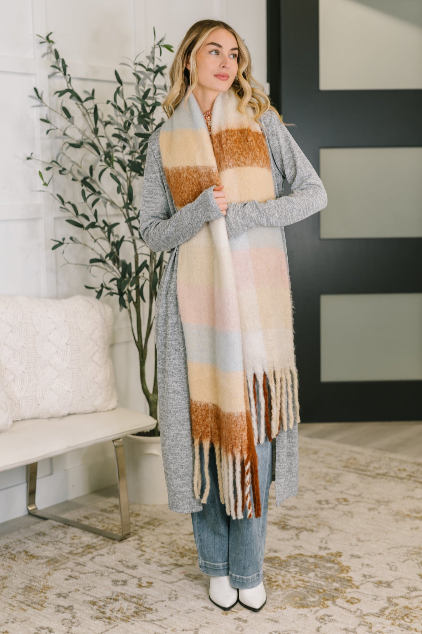 Oversized Plaid Fringe Scarf in Light Brown