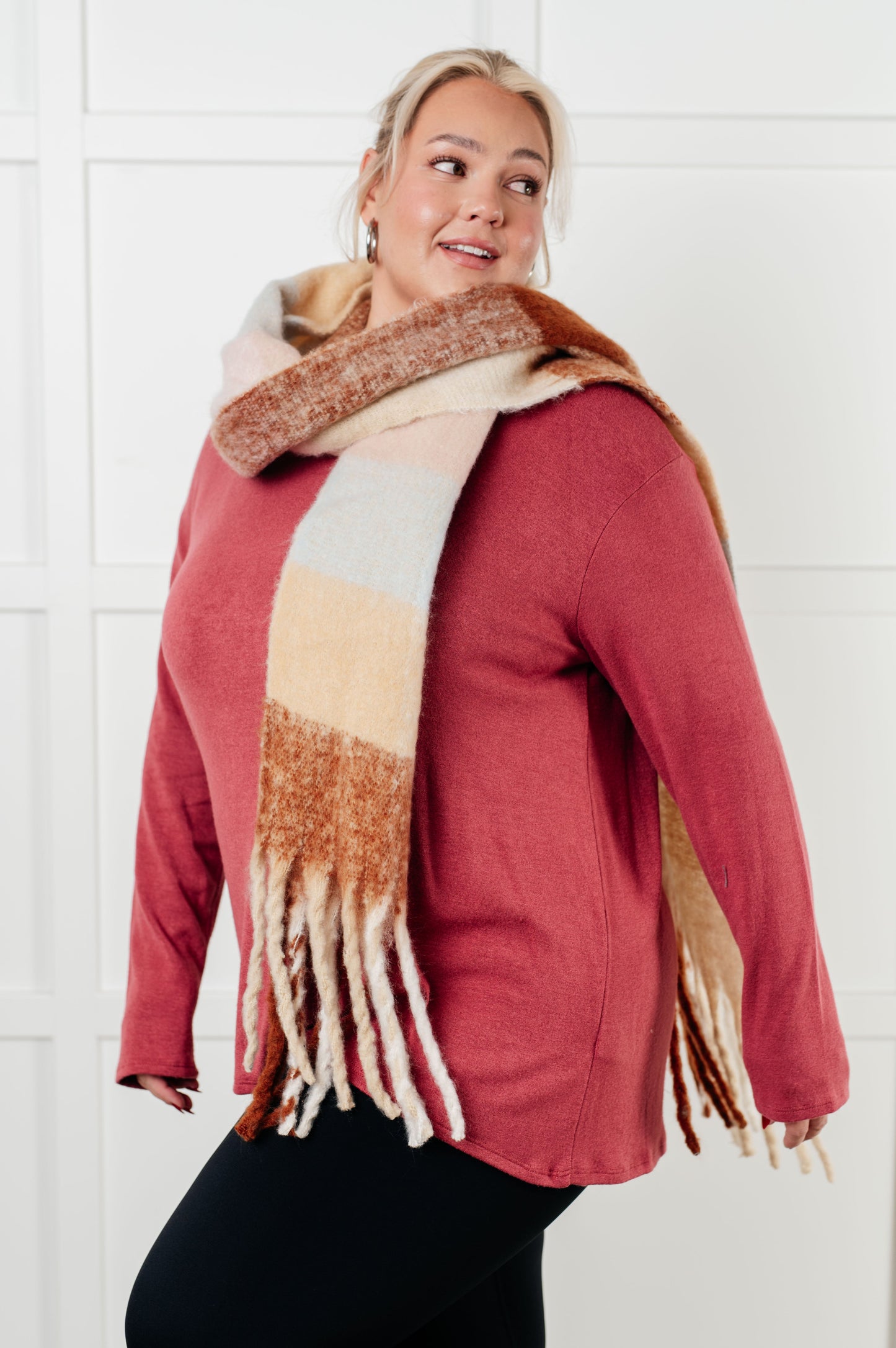 Oversized Plaid Fringe Scarf in Light Brown