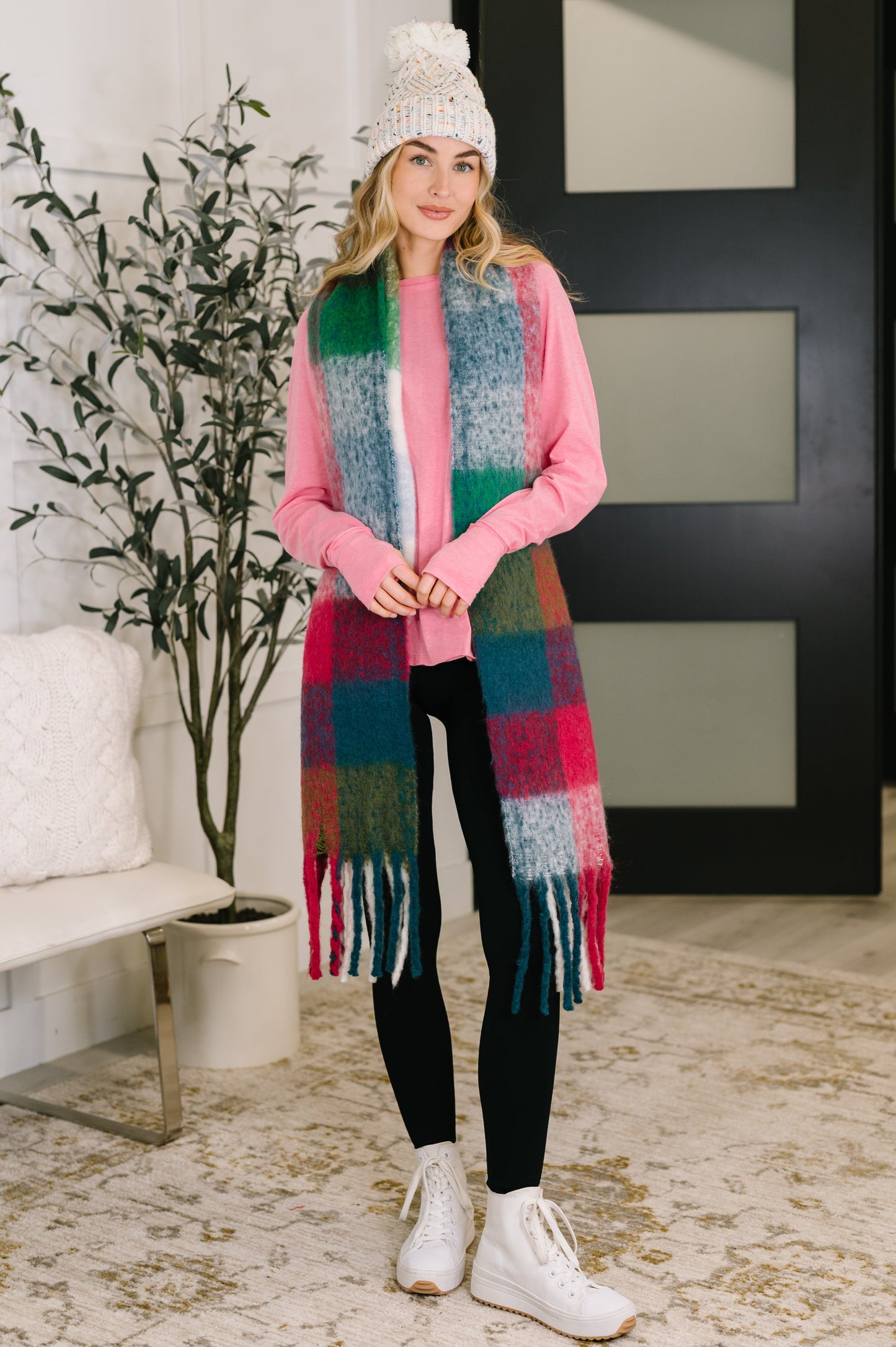 Oversized Plaid Fringe Scarf in Magenta and Teal
