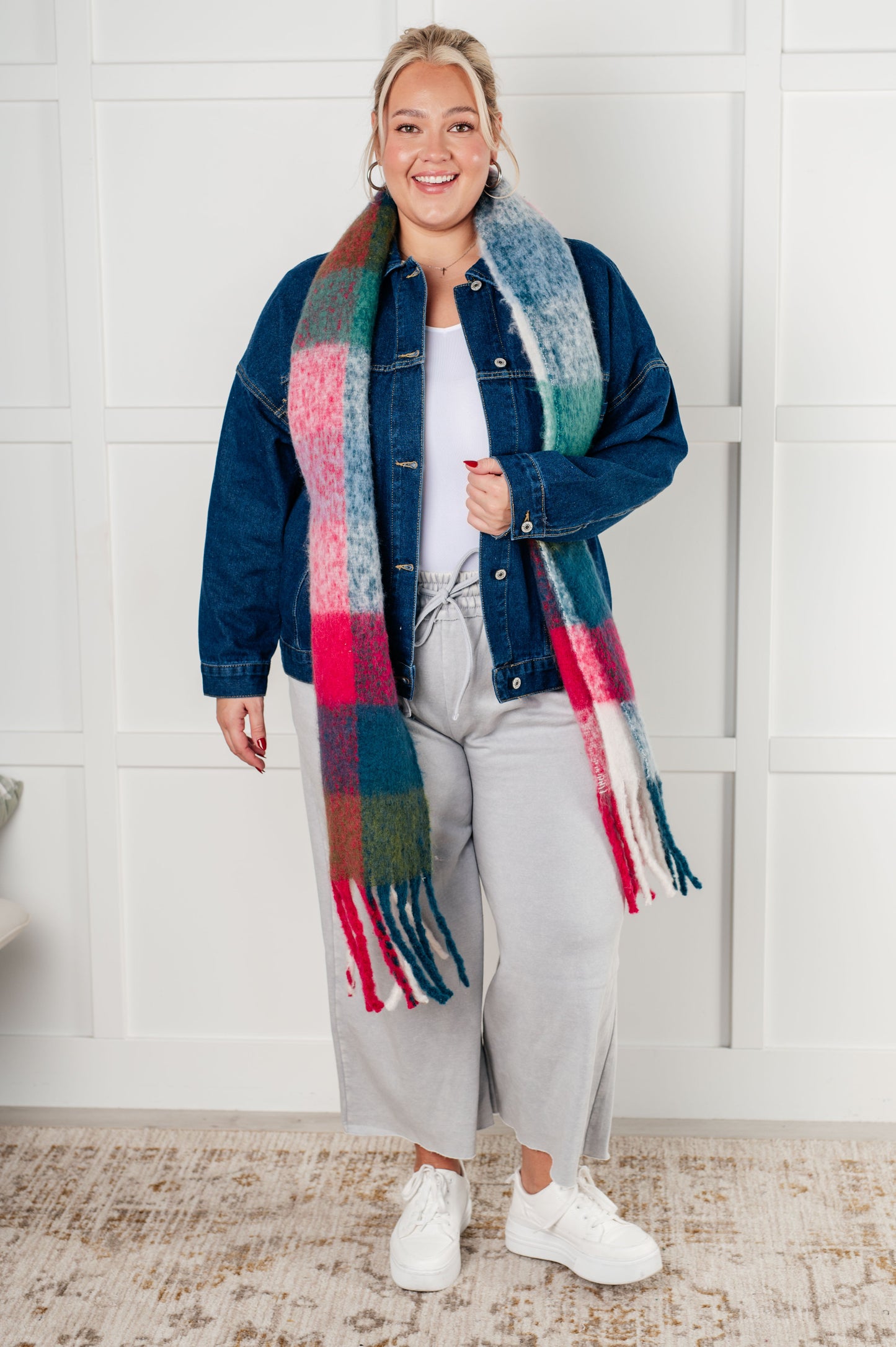 Oversized Plaid Fringe Scarf in Magenta and Teal