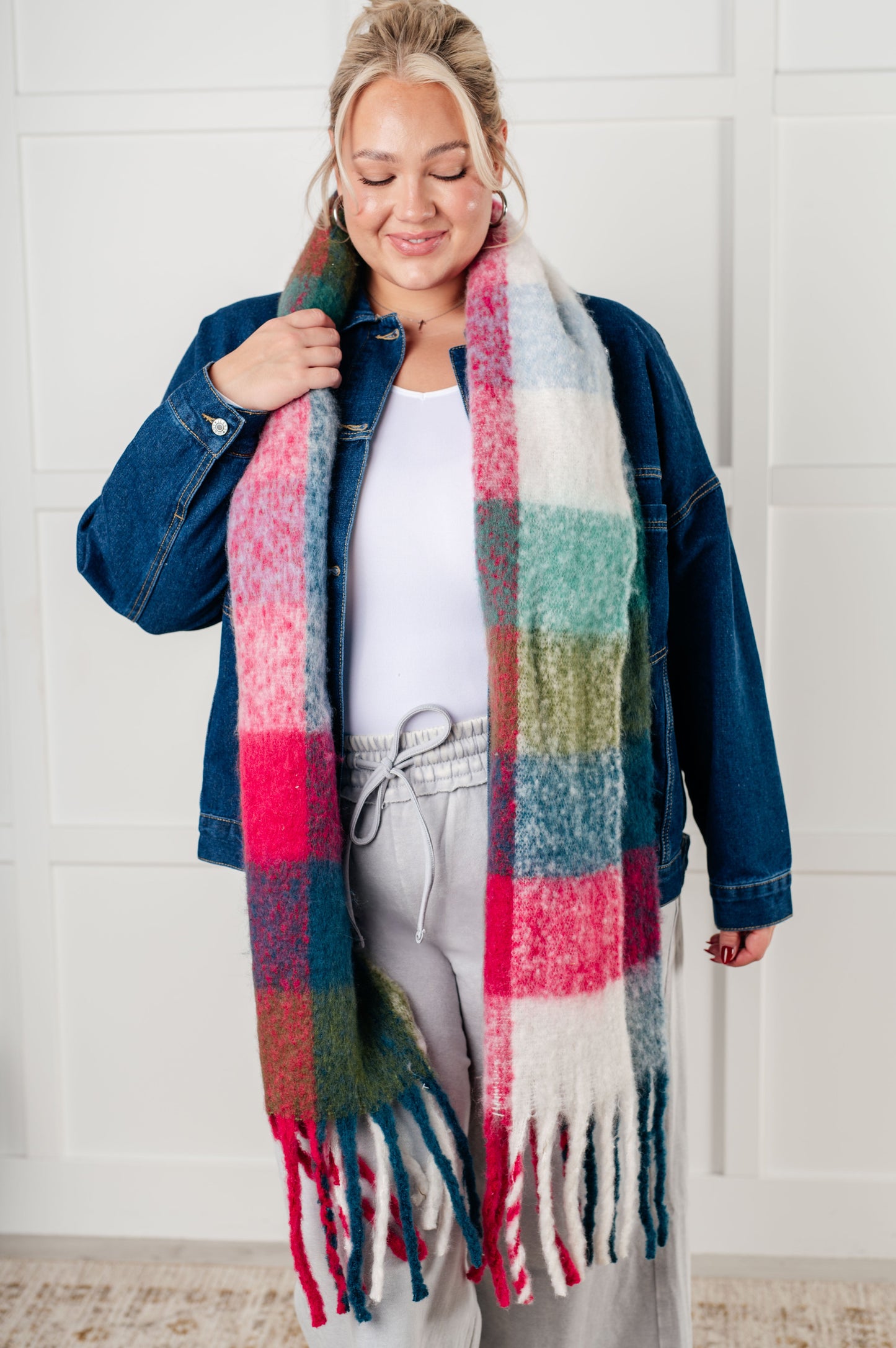 Oversized Plaid Fringe Scarf in Magenta and Teal