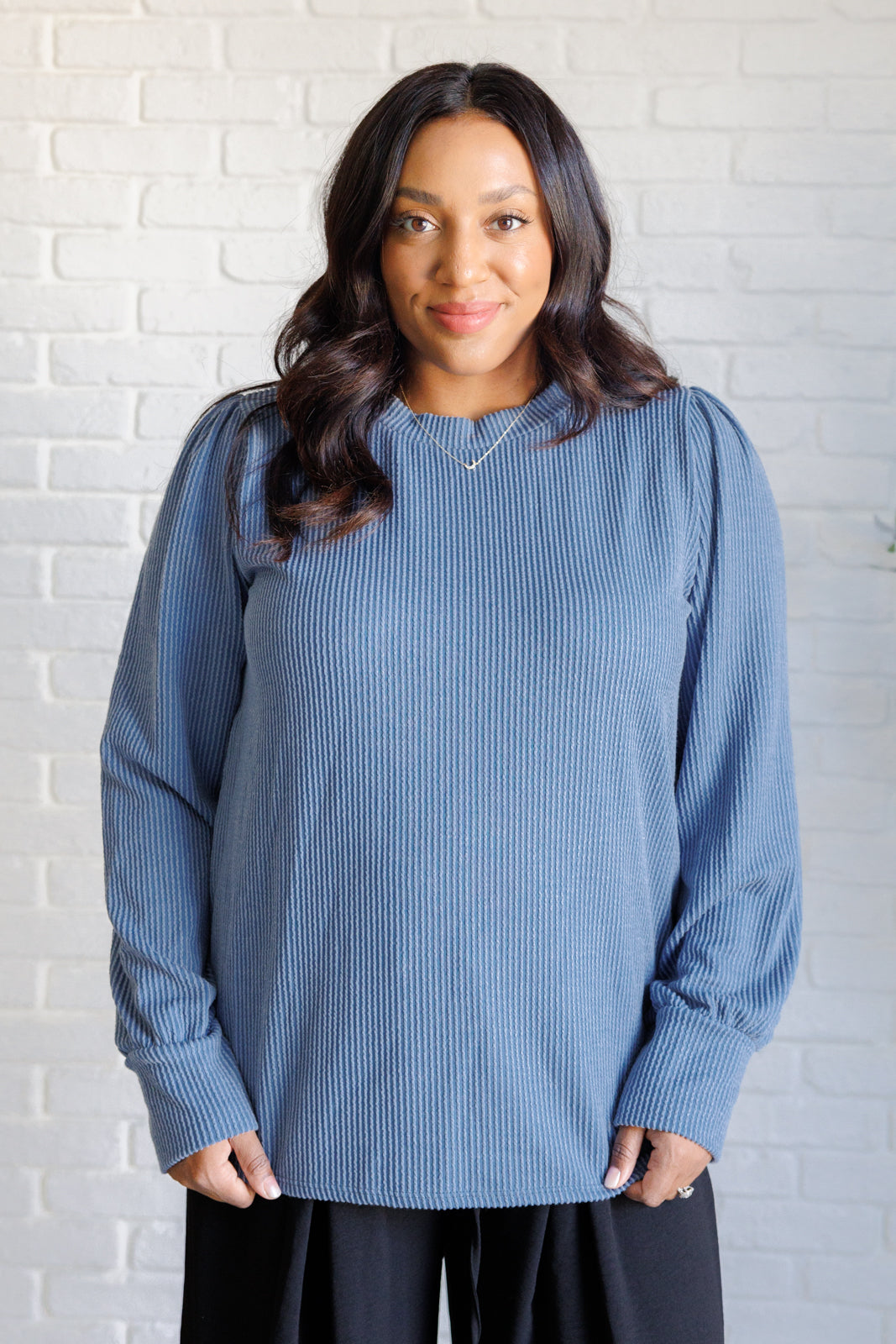 Melina Mineral Wash Ribbed Knit Top in Vintage Denim