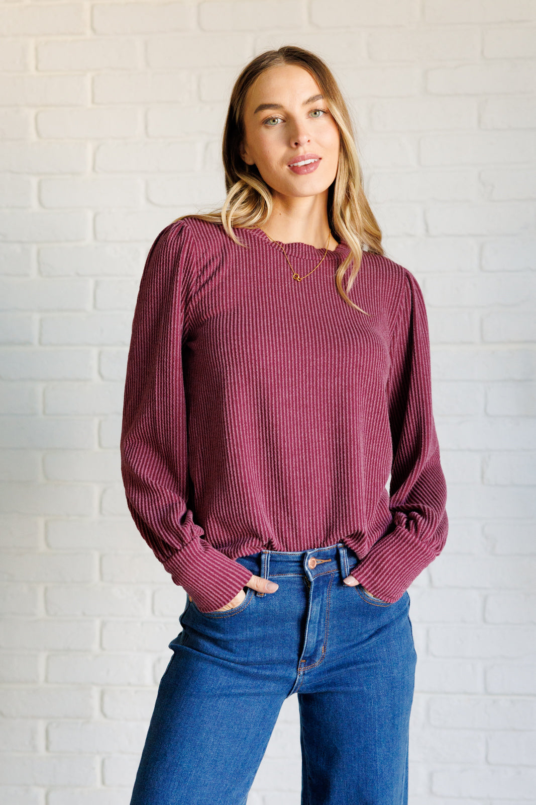 Melina Mineral Wash Ribbed Knit Top in Wine