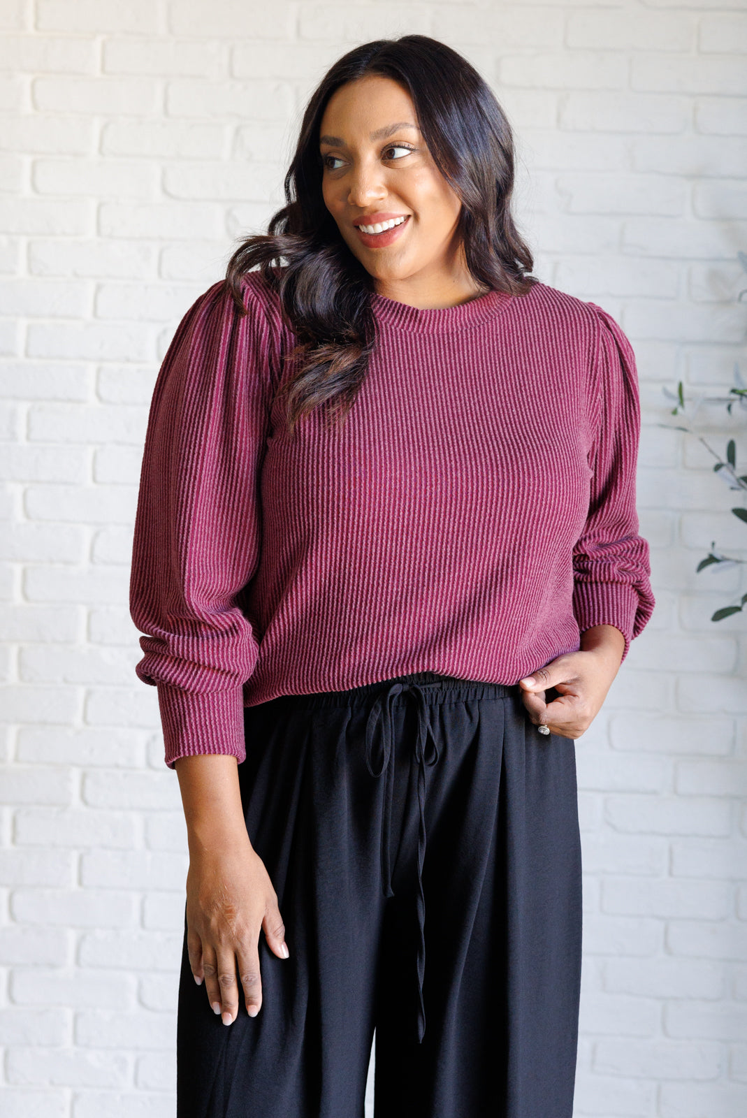 Melina Mineral Wash Ribbed Knit Top in Wine