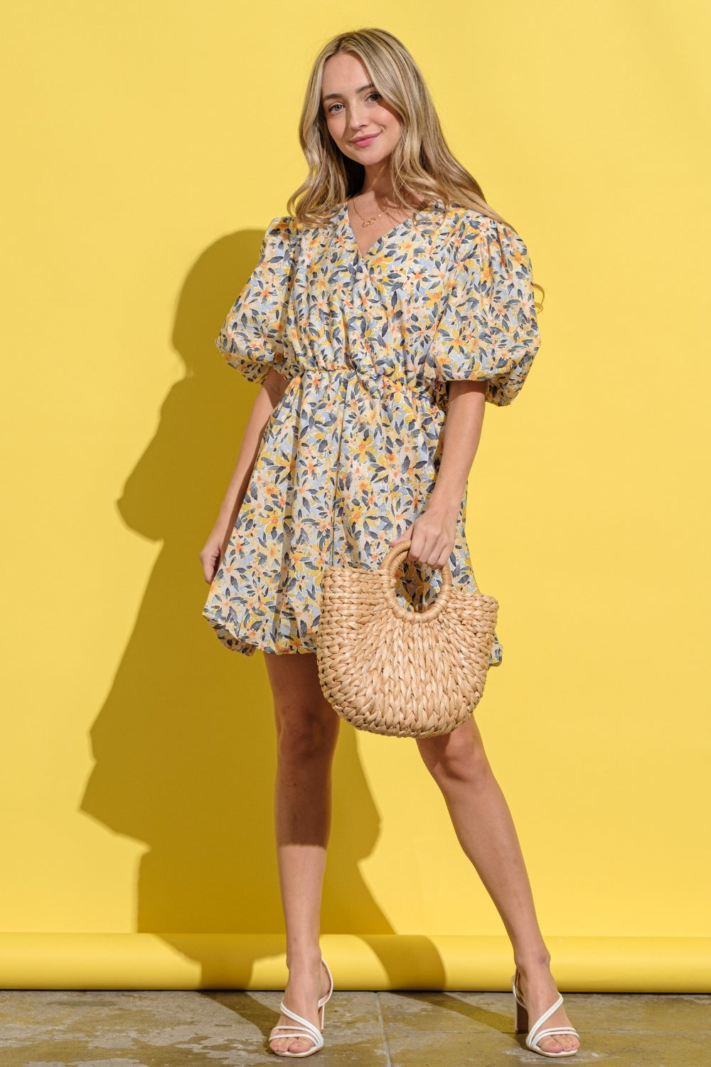 Virginia Floral Surplice Puff Sleeve Dress in Yellow