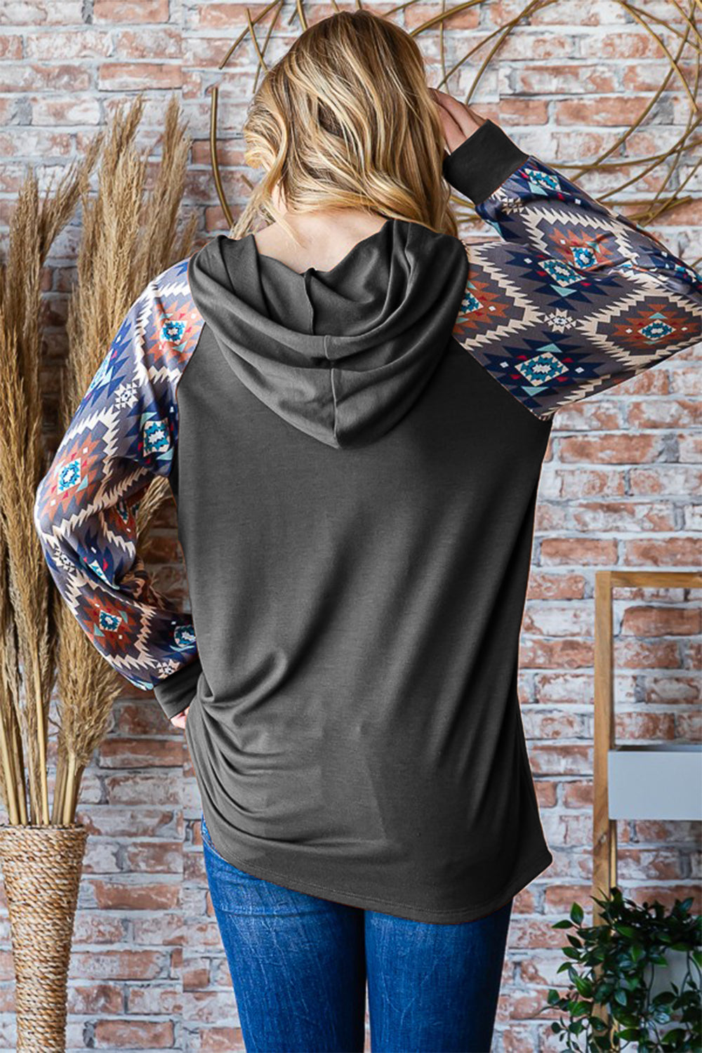 Reagan Half Button Printed Hooded Top in Charcoal