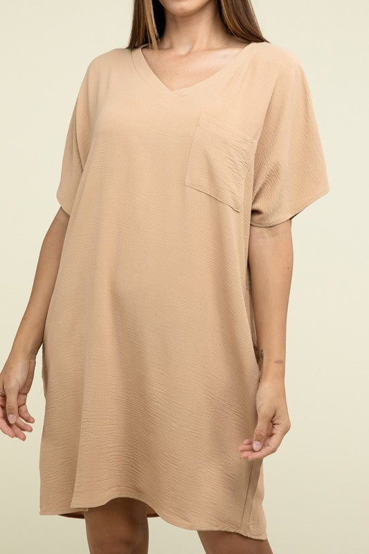 Darcy Woven V Neck T-Shirt Dress with Pockets