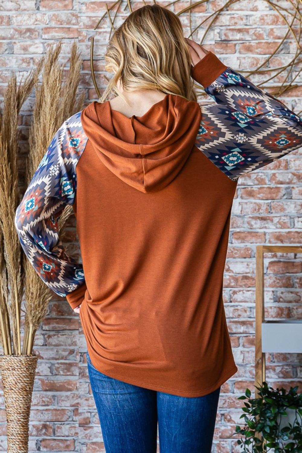 Reagan Half Button Printed Hooded Top in Mocha Brown