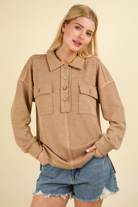 Dabney Collared Half Button Knit Top with Pockets