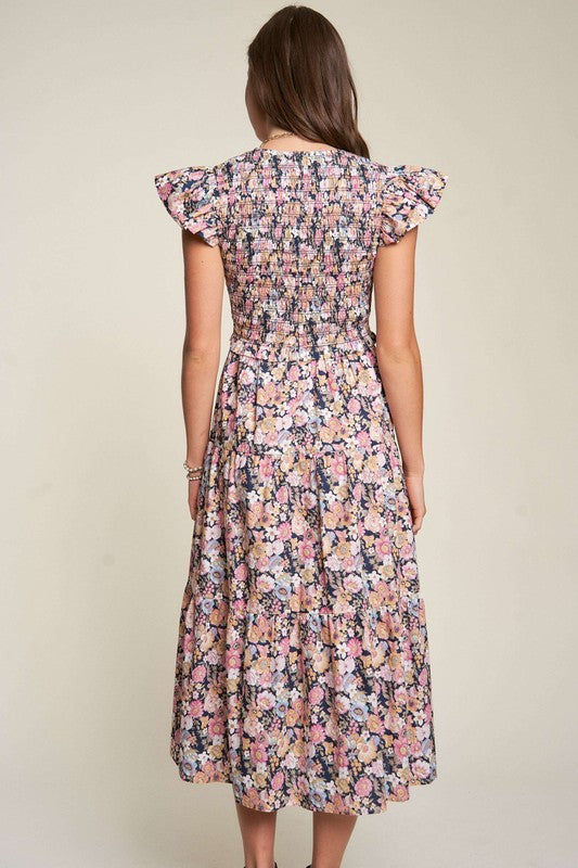 Marlena Floral Flutter Smocking Midi Dress