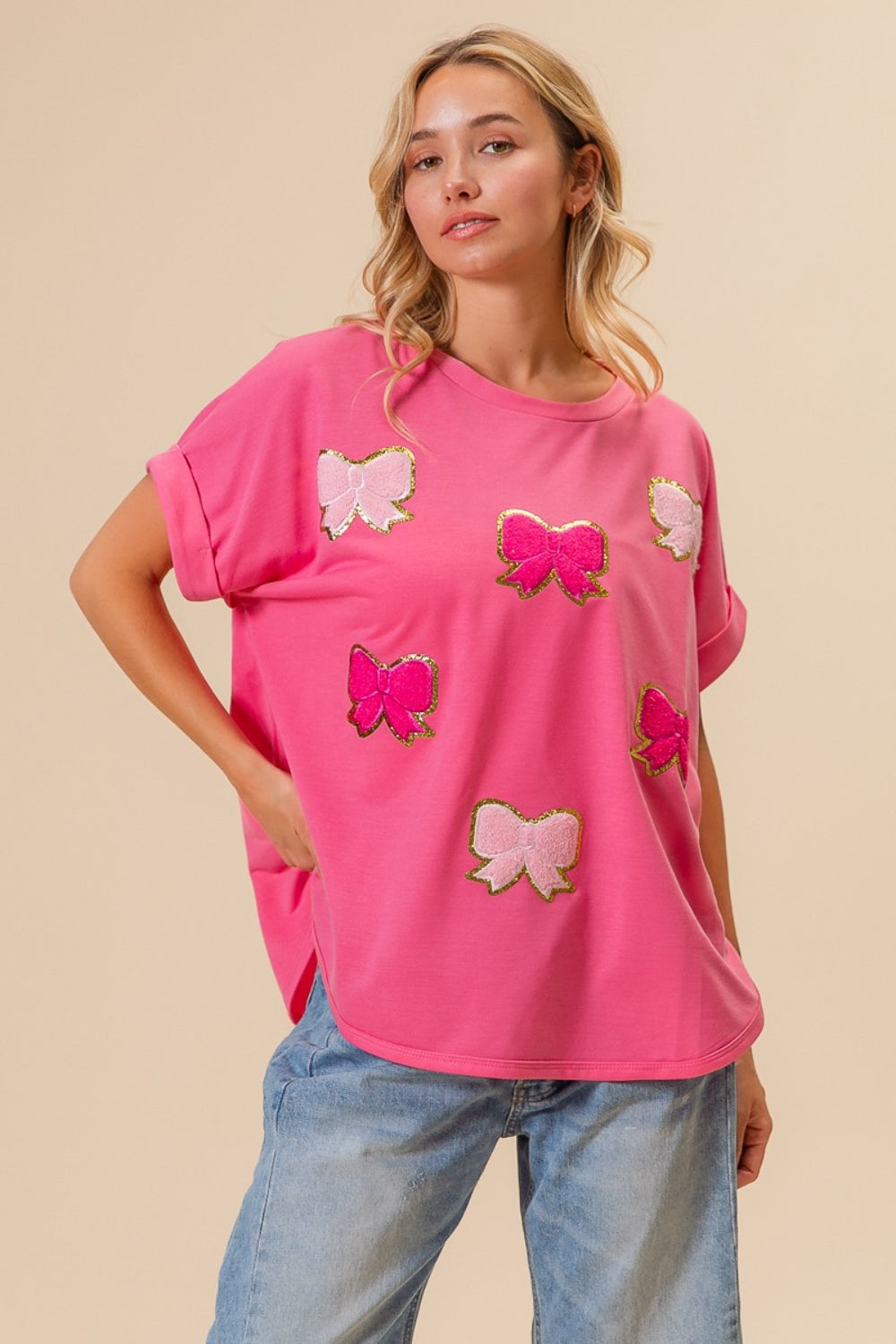 Kendra French Terry Drop Shoulder Bow Patched Top