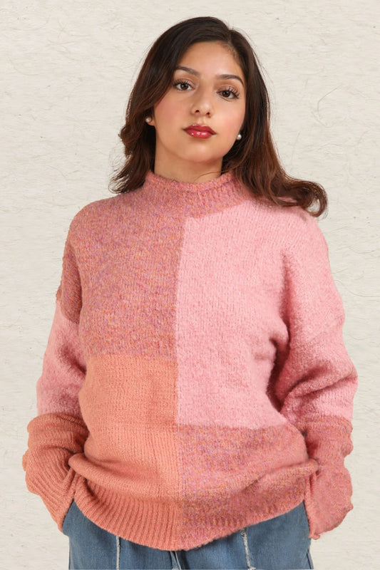 Kathy Color Block Mock Neck Drop Shoulder Sweater in Pink