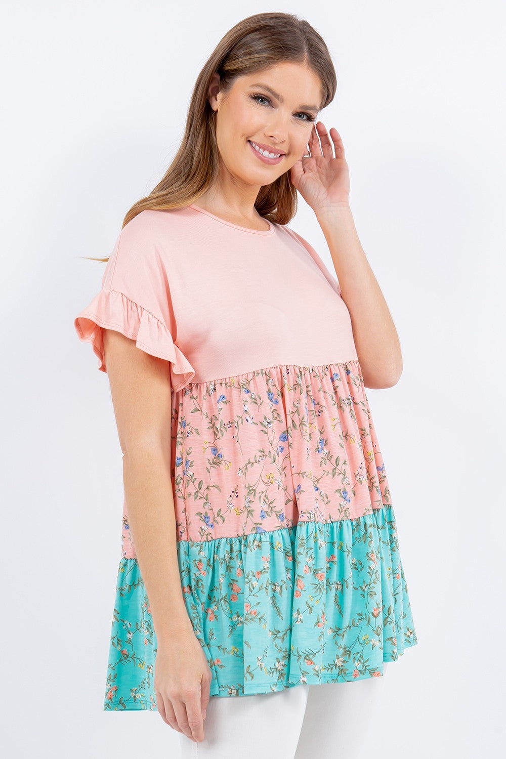 Fanny Floral Color Block Ruffled Top