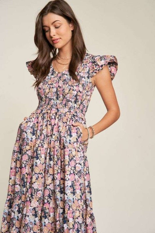 Marlena Floral Flutter Smocking Midi Dress