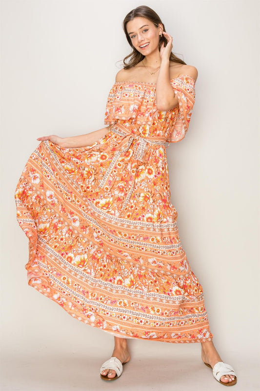 Kelsey Floral Off-Shoulder Tie Front Maxi Dress