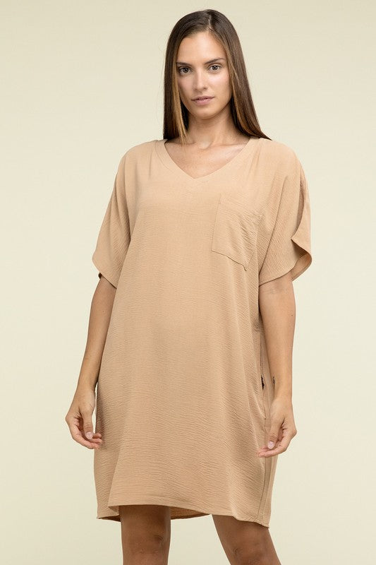 Darcy Woven V Neck T-Shirt Dress with Pockets