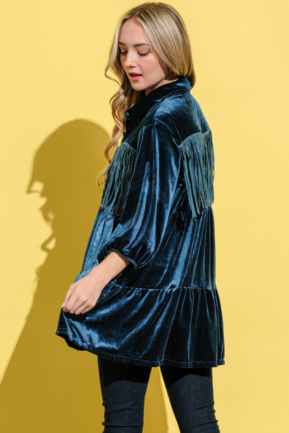 Anya Fringe Detailed Velvet Shirt Dress in Teal