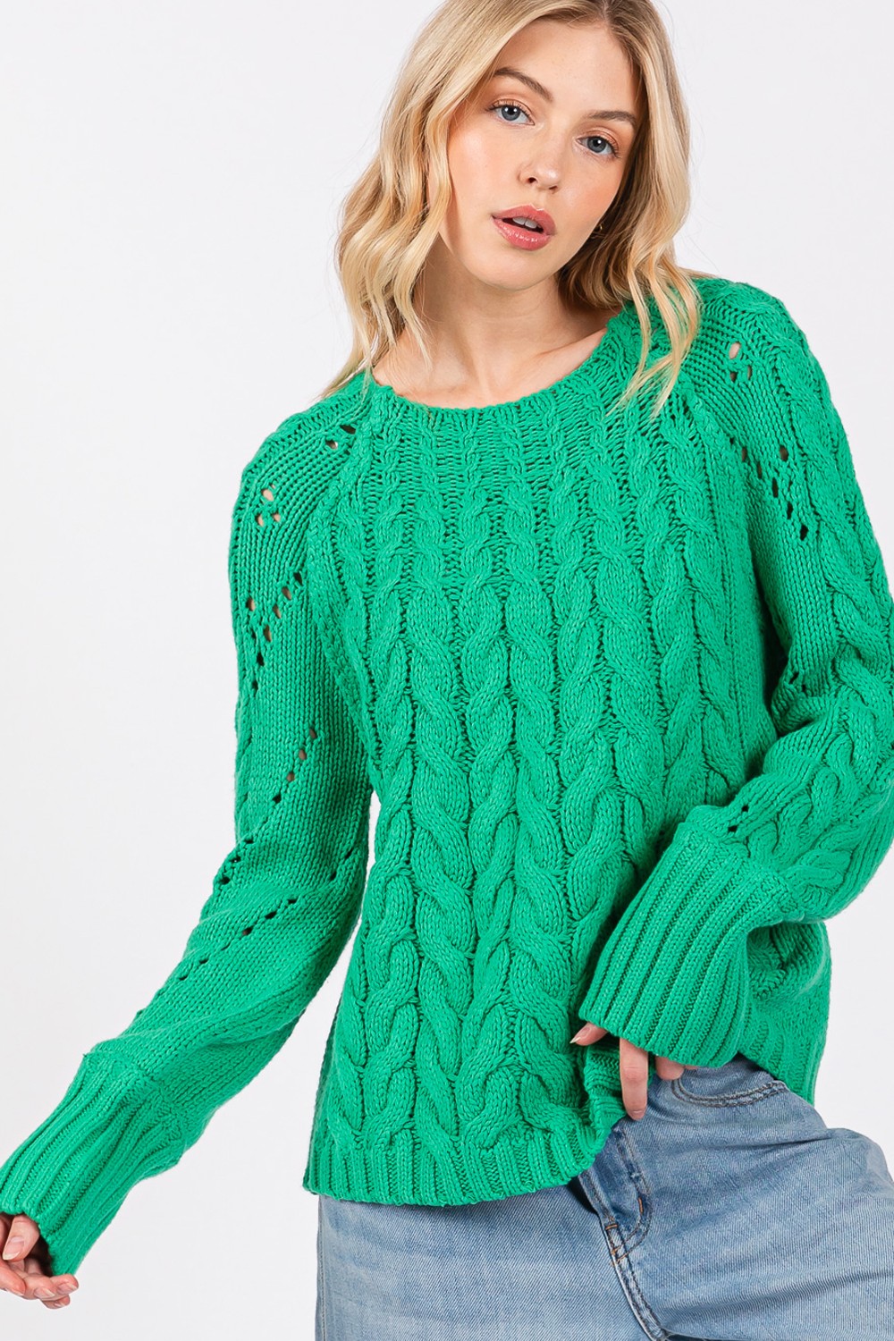 Cable-Knit Long Sleeve Sweater in Emerald