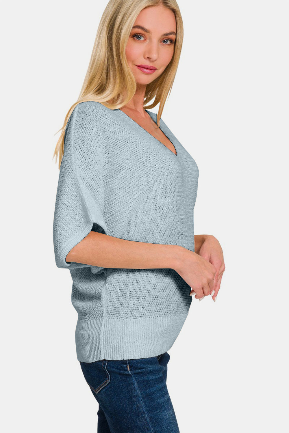 Gina V-Neck Short Sleeve Dolman Sweater in Blue Grey