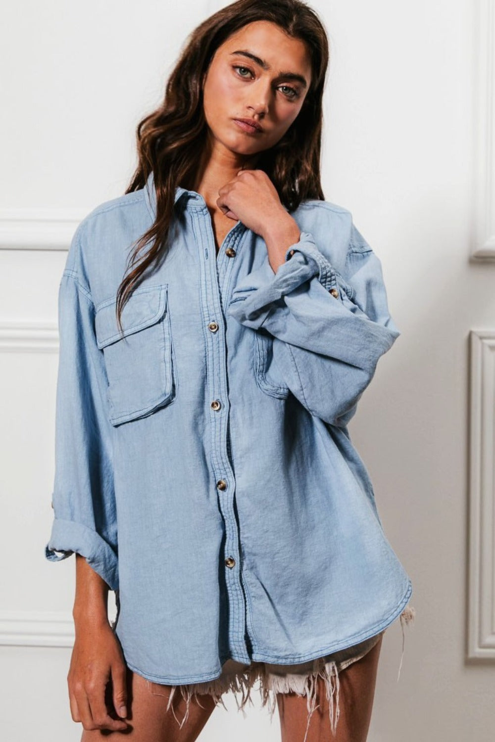 Button Down Stitch Detail Shirt with Chest Pockets