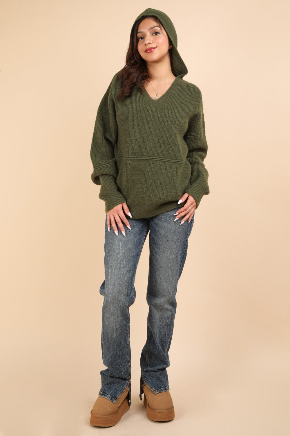 Luna Drop Shoulder Hooded Sweater in Olive