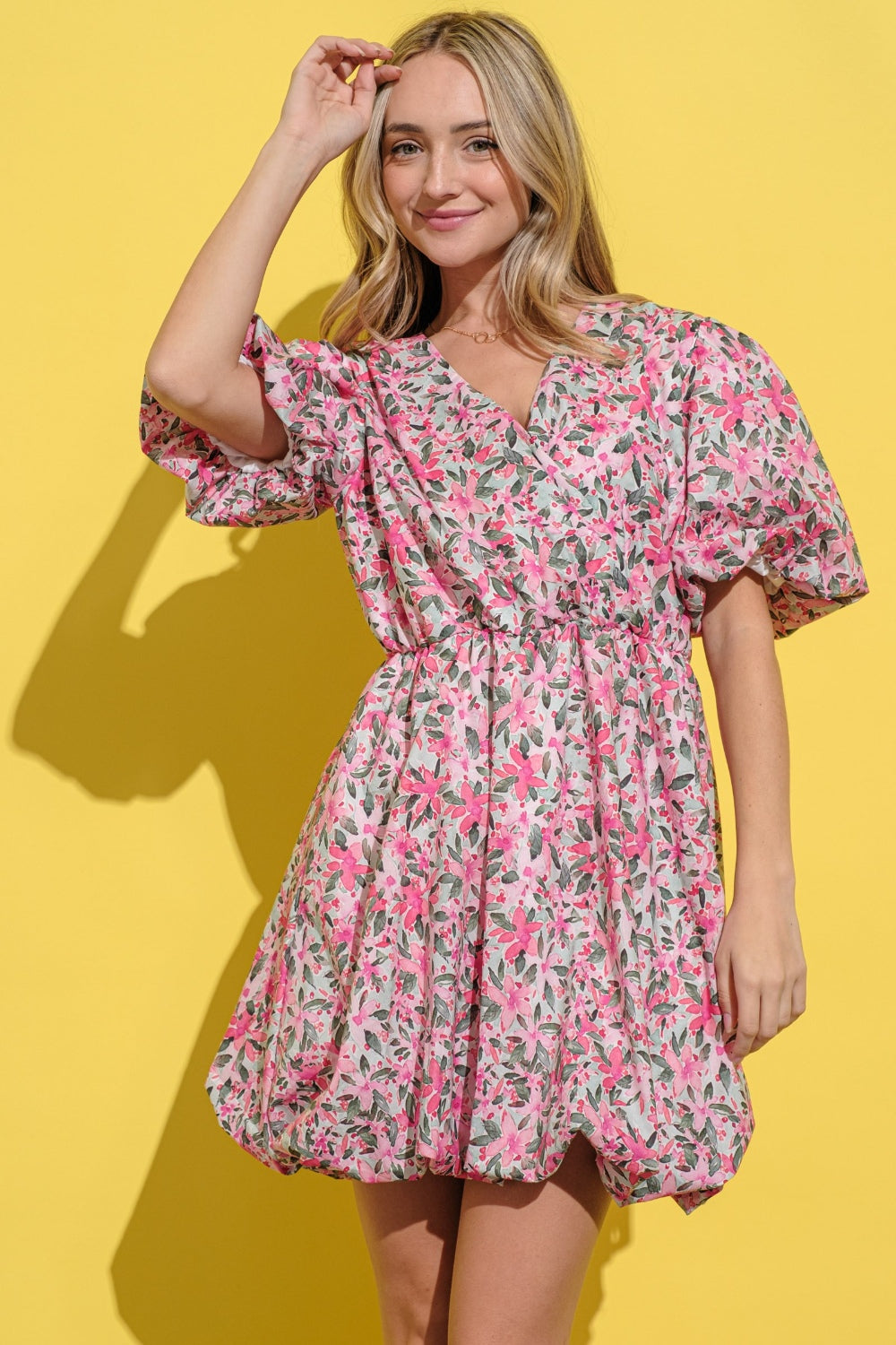 Virginia Floral Surplice Puff Sleeve Dress in Pink