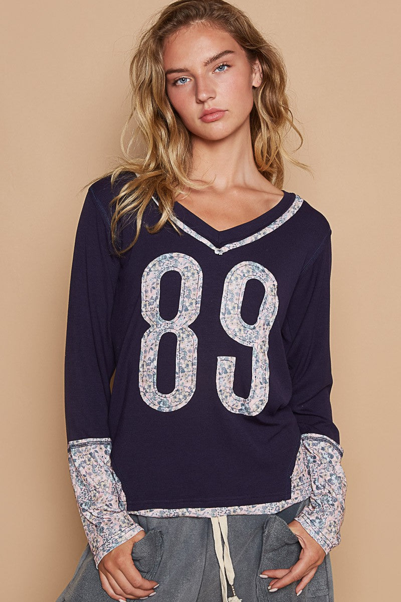 V-Neck Long Sleeve Floral Number Patch T-Shirt