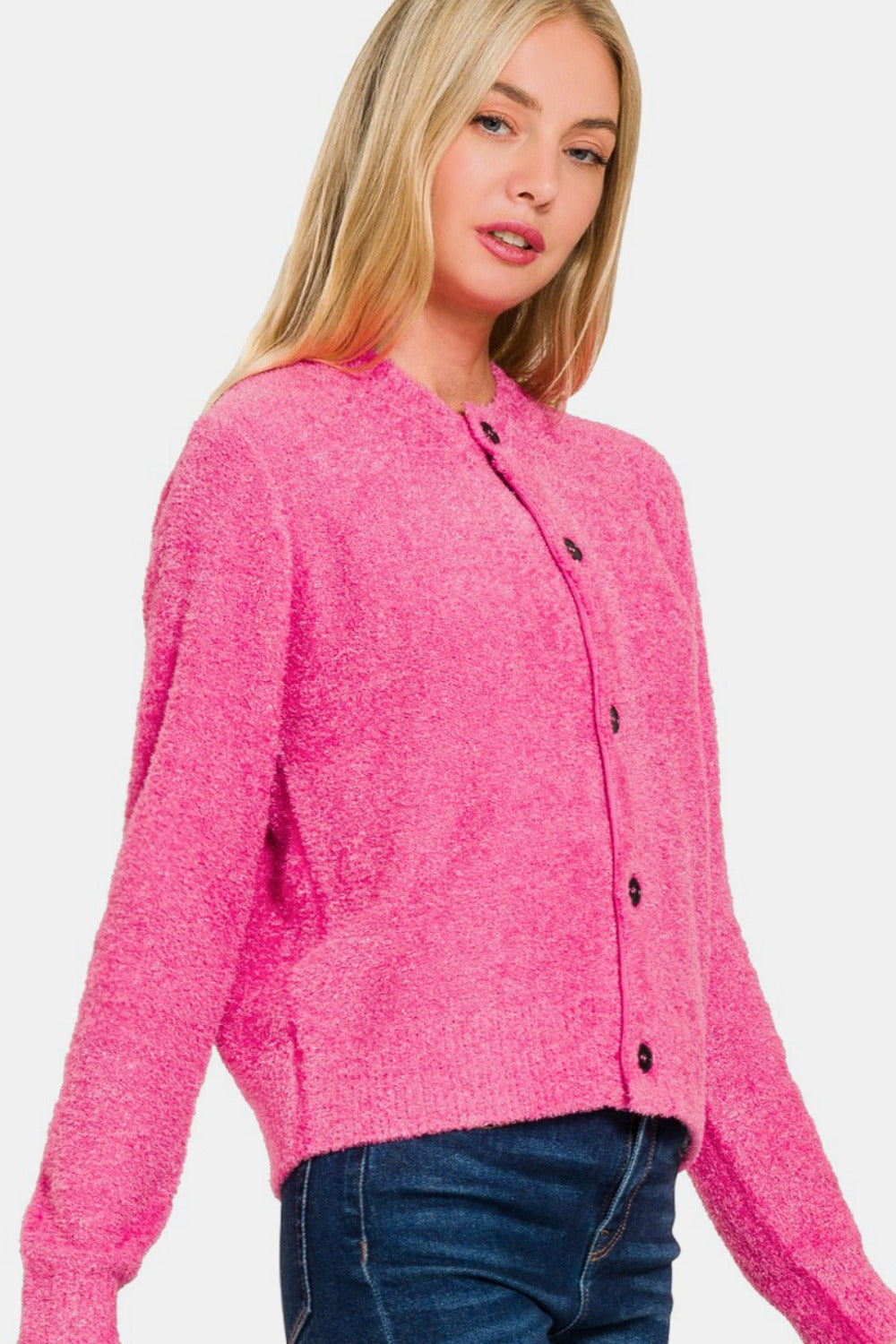 Desi Button Down Long Sleeve Sweater Cardigan in Fuchsia