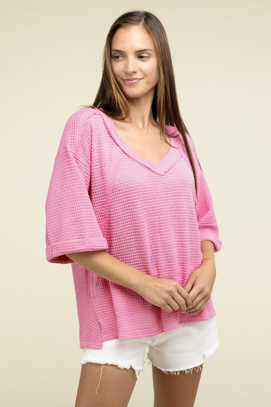 Sydney Brushed Waffle Exposed-Seam 3/4 Sleeve Top