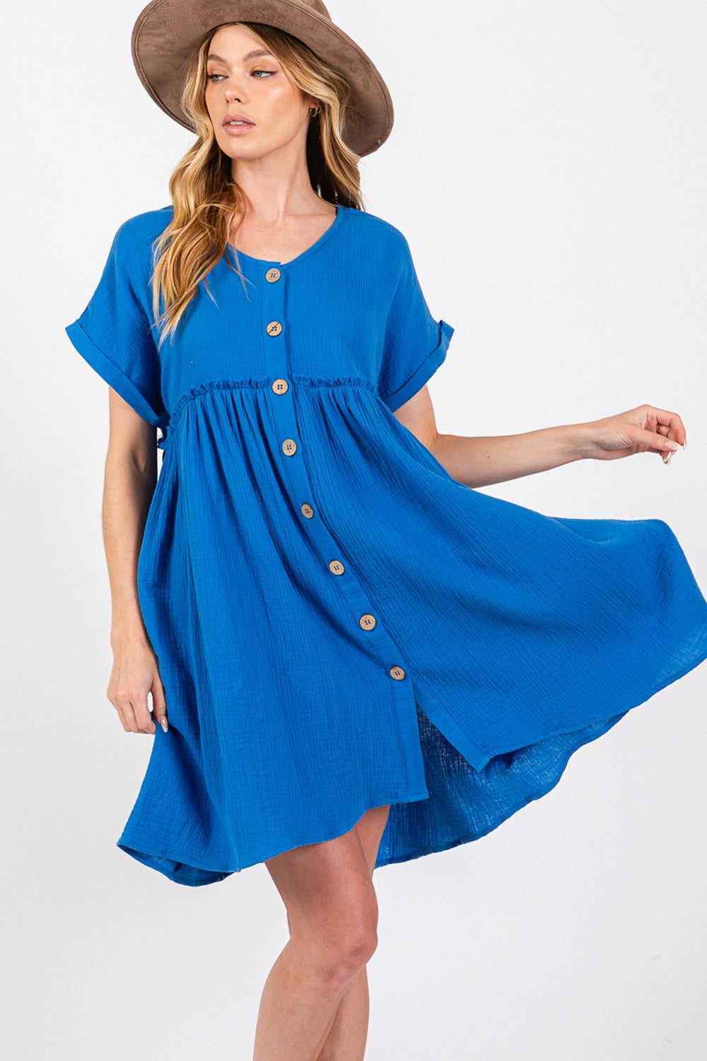 Kami Button Up Short Sleeve Dress in Blue