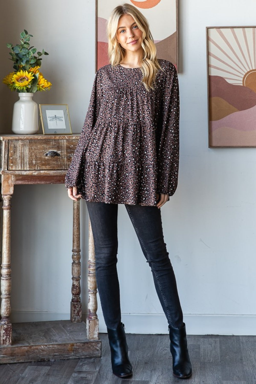 Leopard Long Sleeve Tiered Blouse