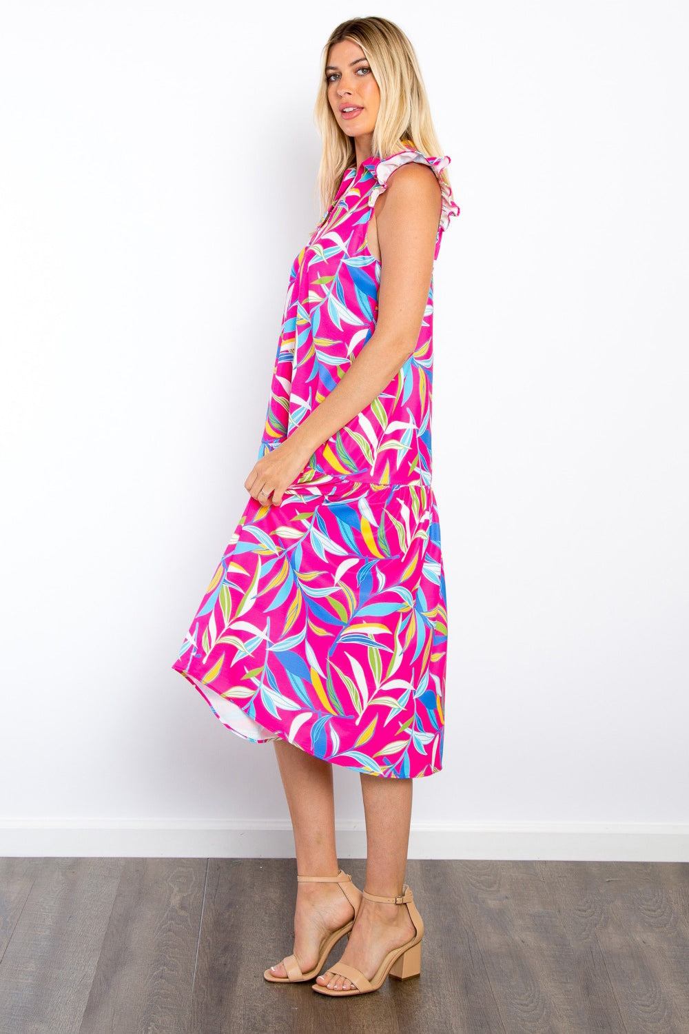 Kathy Print Ruffled Midi Dress with Pockets in Fuchsia