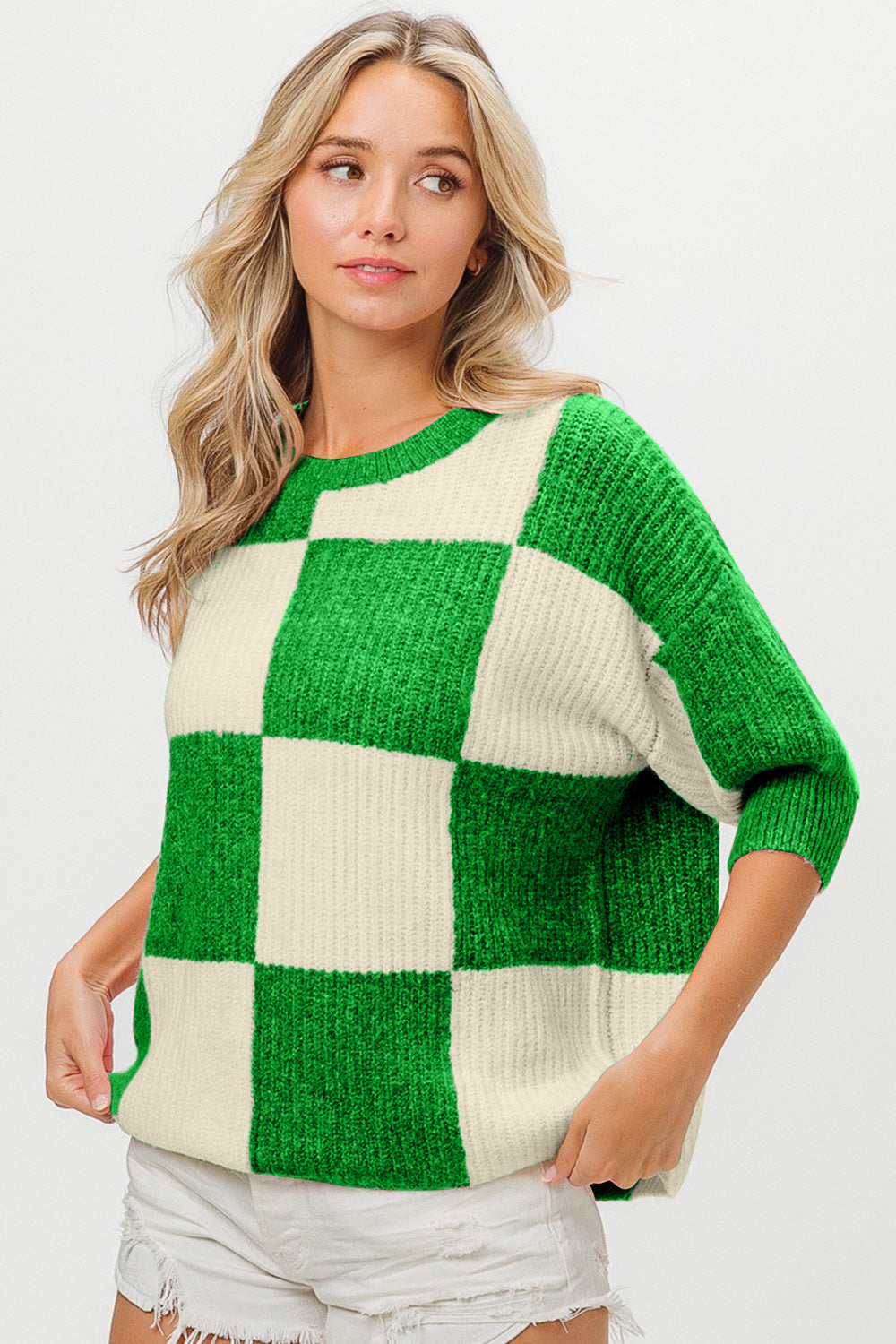 Tracy Checkered Contrast Round Neck Sweater