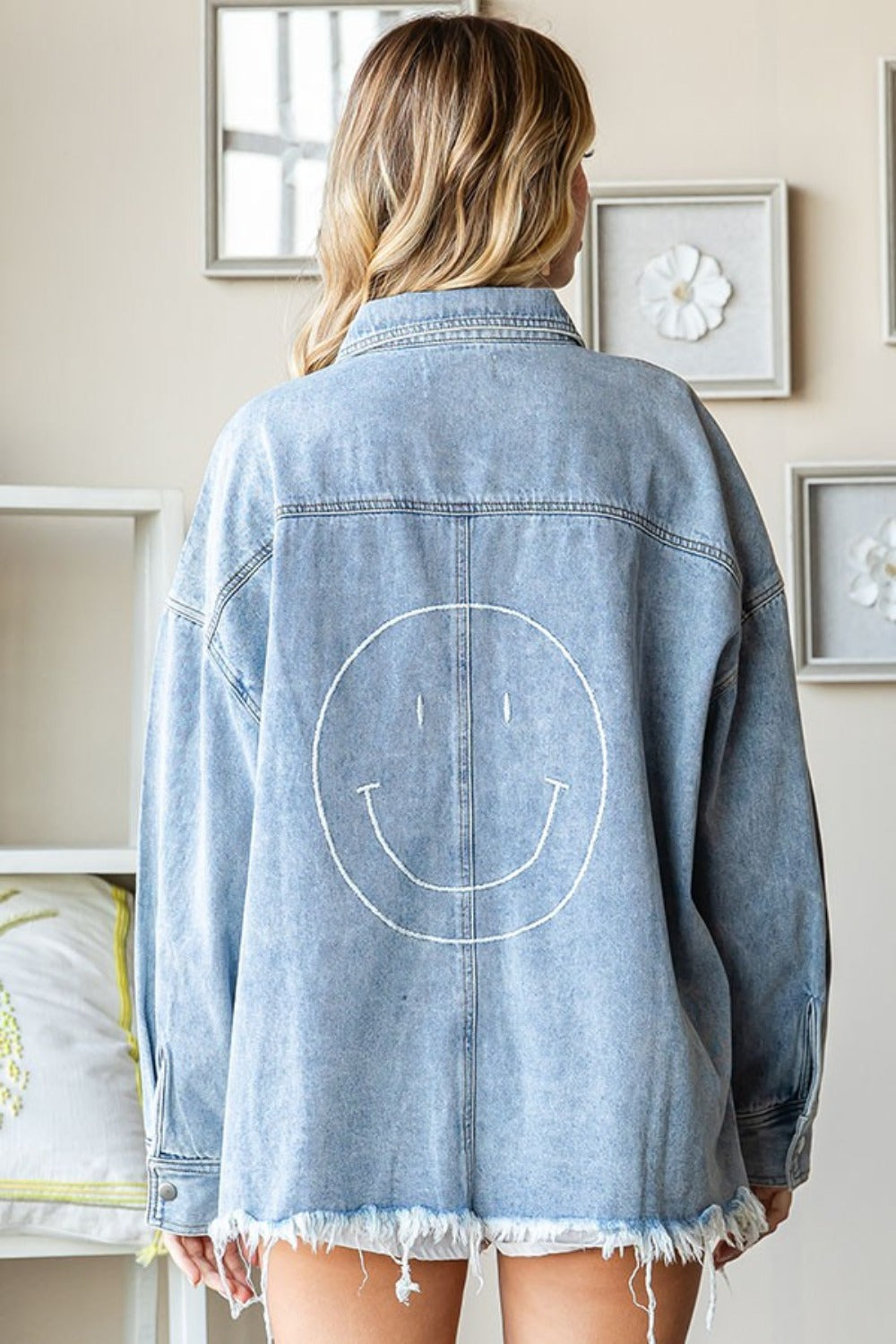 Sweet Smiley Face Button Down Raw Hem Denim Jacket