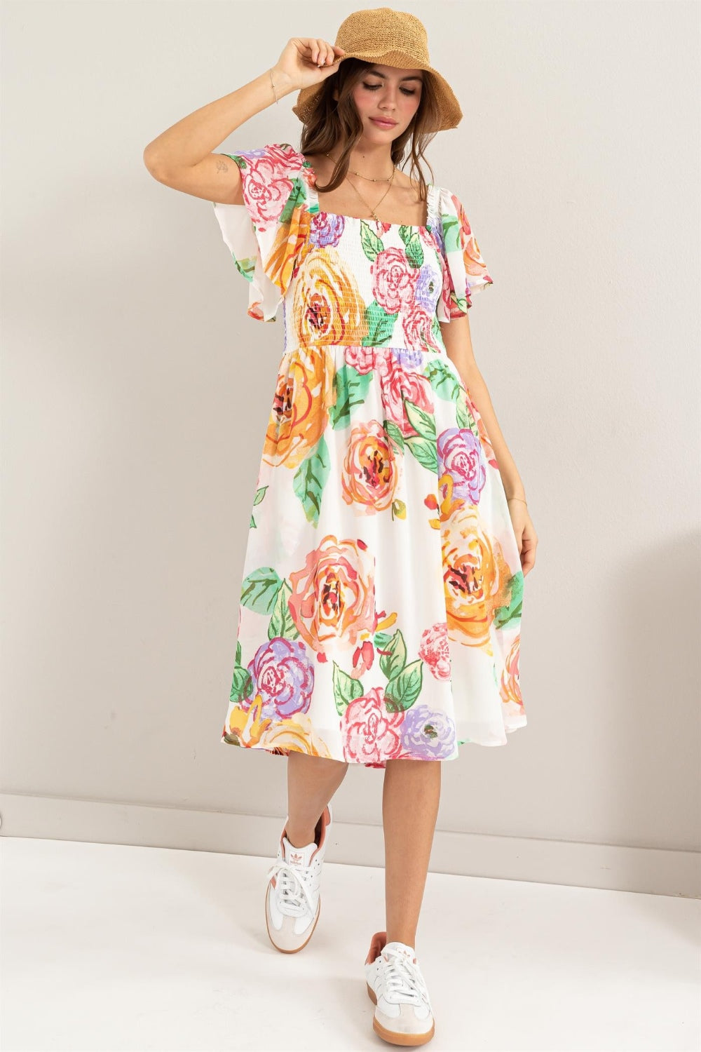 Didi Floral Flutter Sleeve Smocked Dress