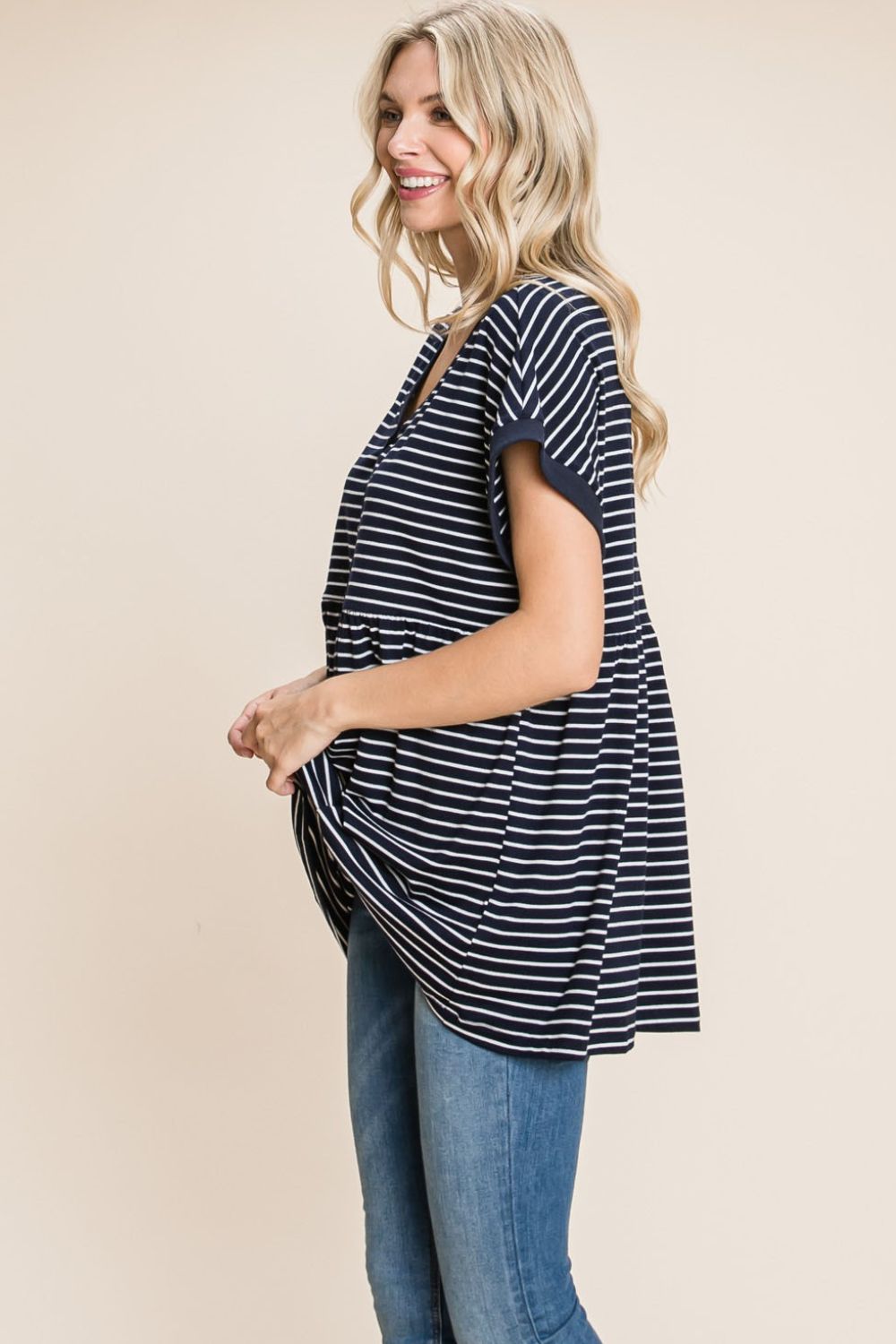 Shirley Striped Button Front Baby Doll Top