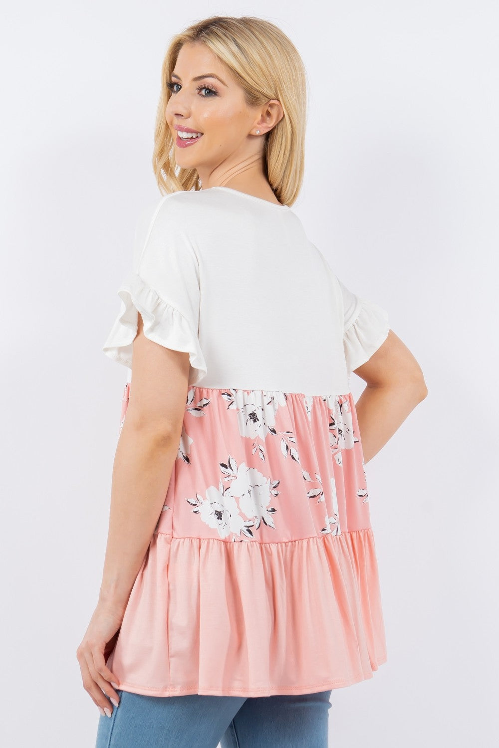 Amy Floral Color Block Ruffled Top